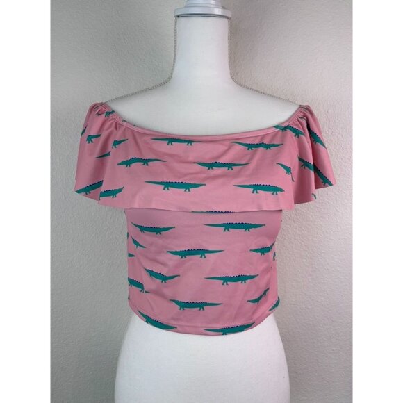 Kortni Keane women's medium off shoulder pink alligator ruffle‎ tankini swim top - Picture 1 of 6